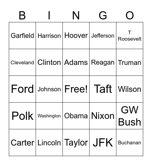 Presidents Bingo Card