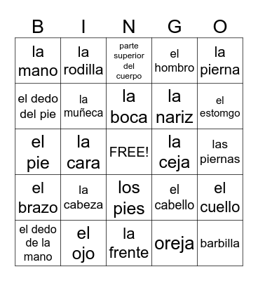 Body parts in Spanish Bingo Card