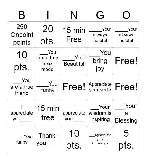 Shower your TEAM Praise Bingo Card
