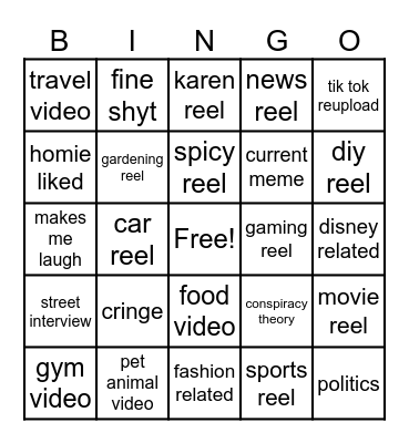 Instagram reel bingo Card