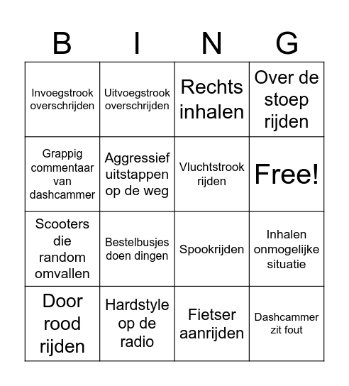 Dashcam Bingo Card