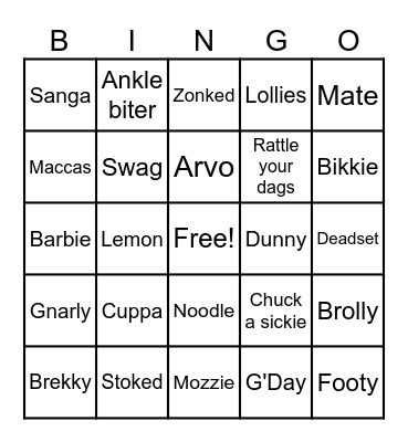 Australian Slang Bingo Card