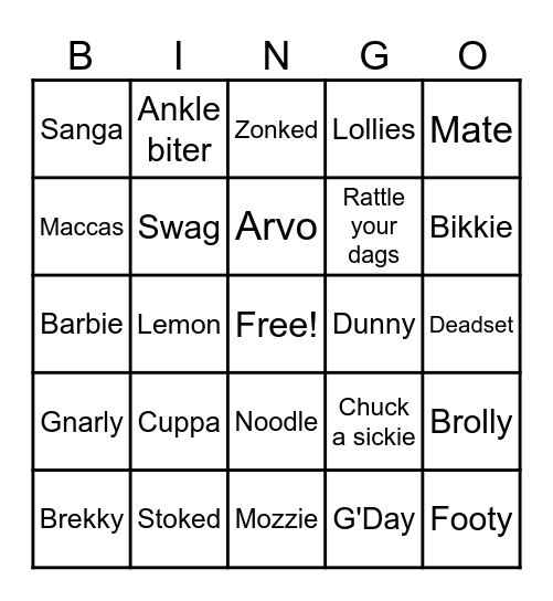 Australian Slang Bingo Card