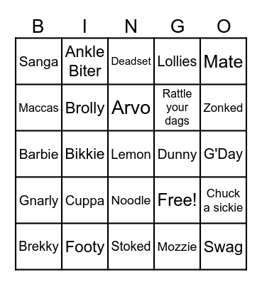 Australian Slang Bingo Card