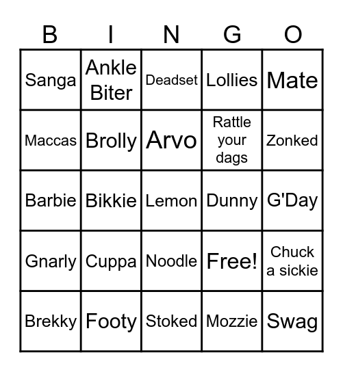 Australian Slang Bingo Card