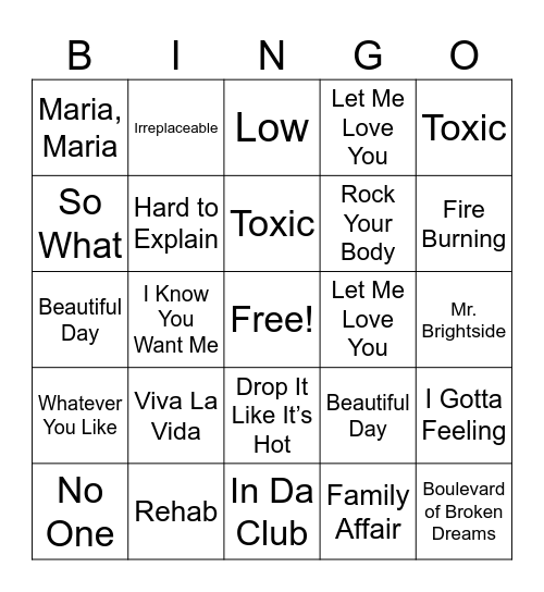2000's Music Bingo Card