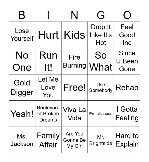 2000's Music Bingo Card