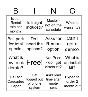 Cascade Inside Sales Bingo! Bingo Card