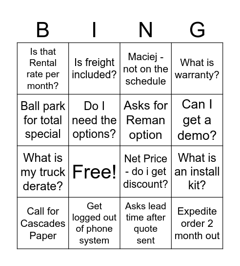 Cascade Inside Sales Bingo! Bingo Card