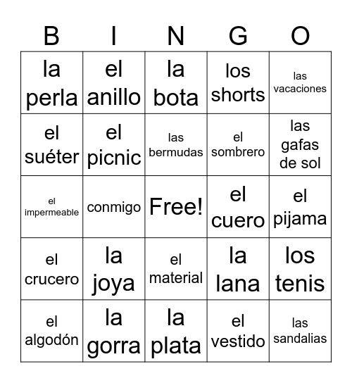Span.2 Level 1 Lesson B -Las vacaciones y ropa Bingo Card