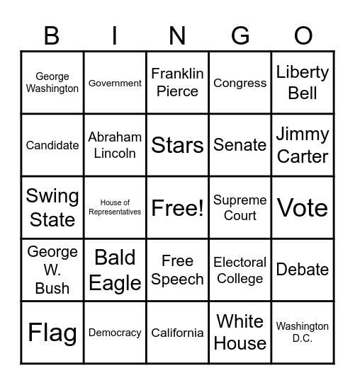 Presidents Week Bingo Card