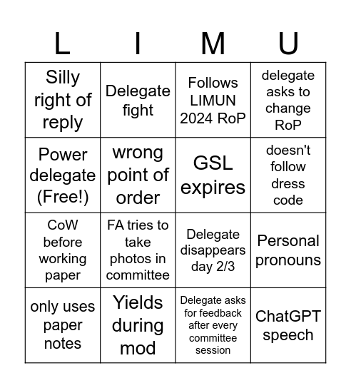 Delegate Bingo Card