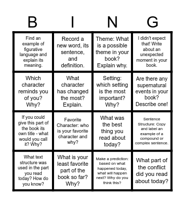 Self Selected Reading Bingo Card