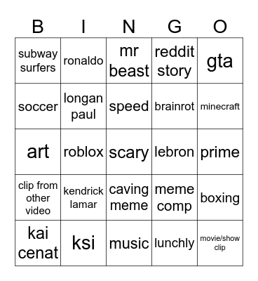 YT SHORTS Bingo Card