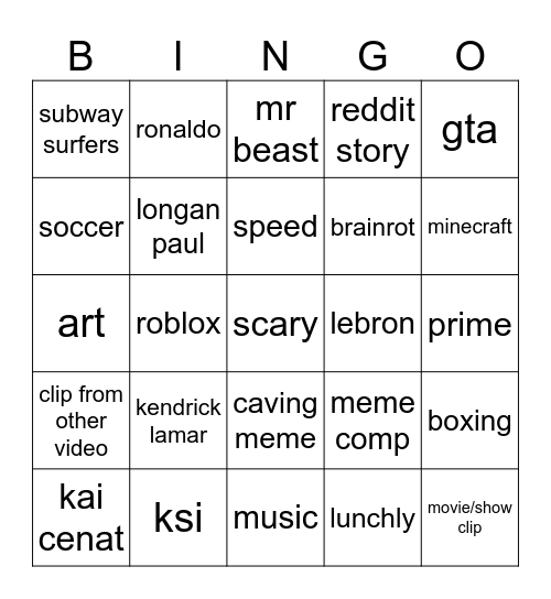 YT SHORTS Bingo Card