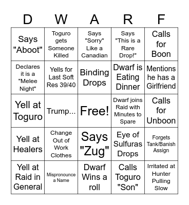 Dwarflord Bingo Card