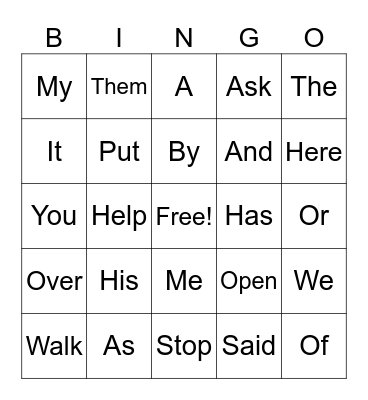 Sight Words Bingo Card