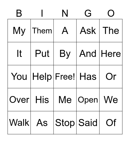Sight Words Bingo Card