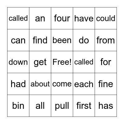 Sight Words Bingo Card