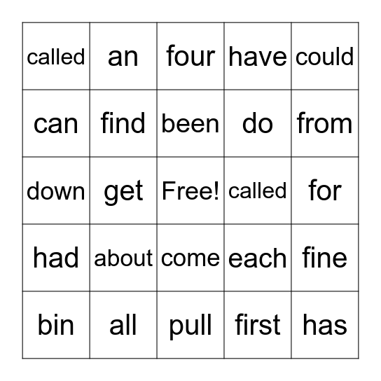 Sight Words Bingo Card
