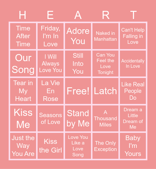 Love Song Bingo Card