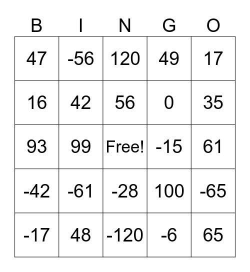 8.1 Integer Bingo Card