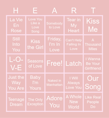 Love Song Bingo Card