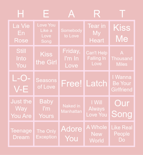 Love Song Bingo Card
