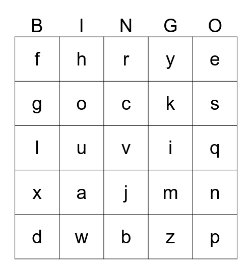 lower case alphabet bingo Card