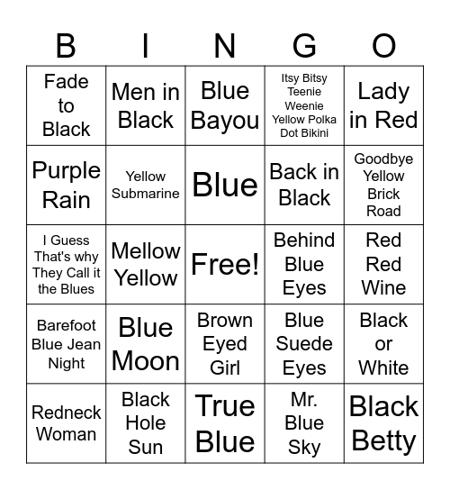 Songs with Colors in the Title Bingo Card