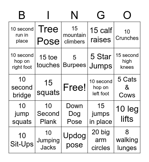 Fitness Bingo Card