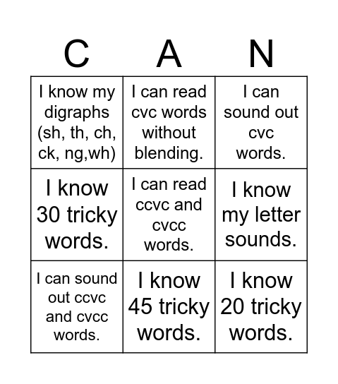 I can read simple sentences. Bingo Card