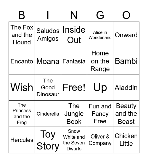 Disney Movies Bingo Card