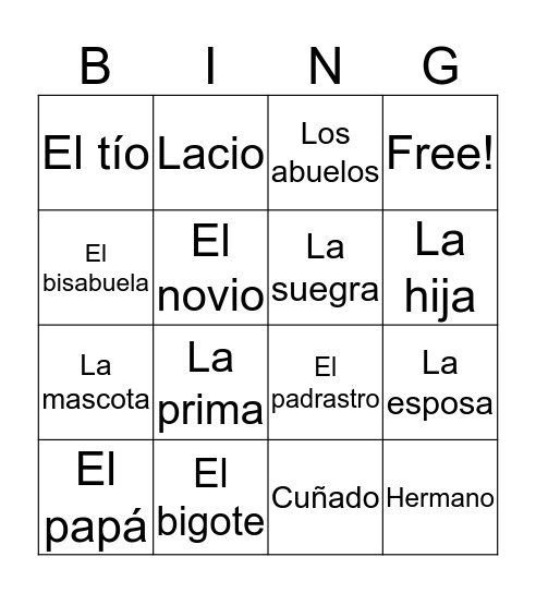 Vocabulario ¿Cómo es tu familia? Bingo Card