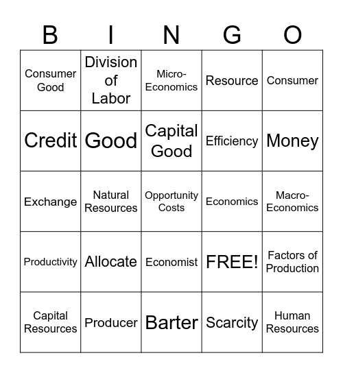 Basic Economic Terms Bingo Card