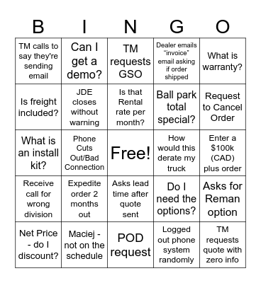 Cascade Inside Sales Bingo Card