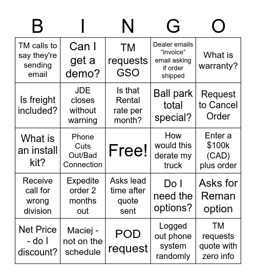 Cascade Inside Sales Bingo Card