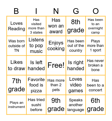 Middle School Bingo Card