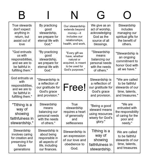 Stewardship Bingo Card