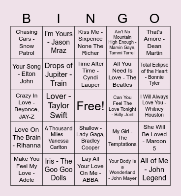 Love Ballads Bingo Card