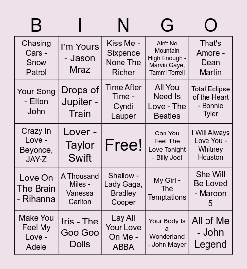 Love Ballads Bingo Card