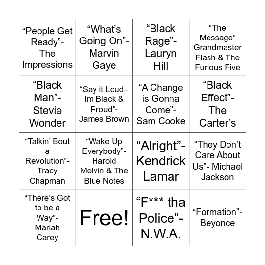 Black History Influential Songs Bingo Card