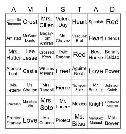 Amistad Bingo Card