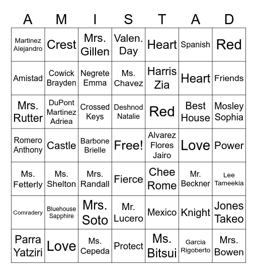 Amistad Bingo Card