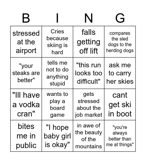 Emmie's ski bingo Card