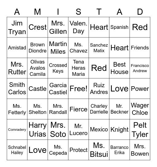 Amistad Bingo Card