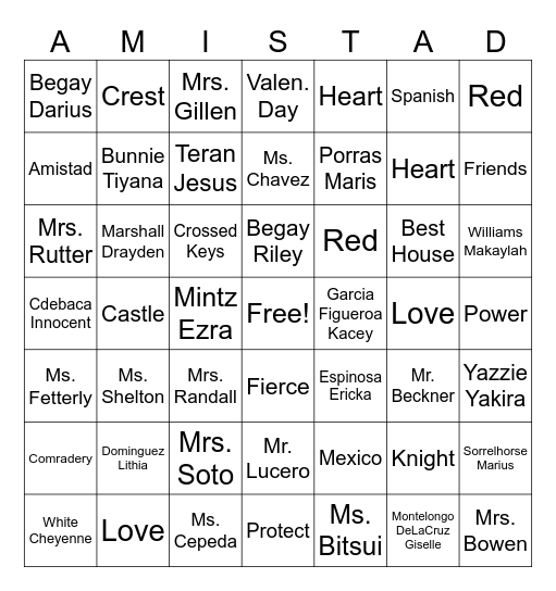 Amistad Bingo Card