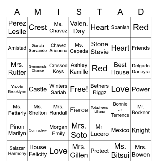 Amistad Bingo Card
