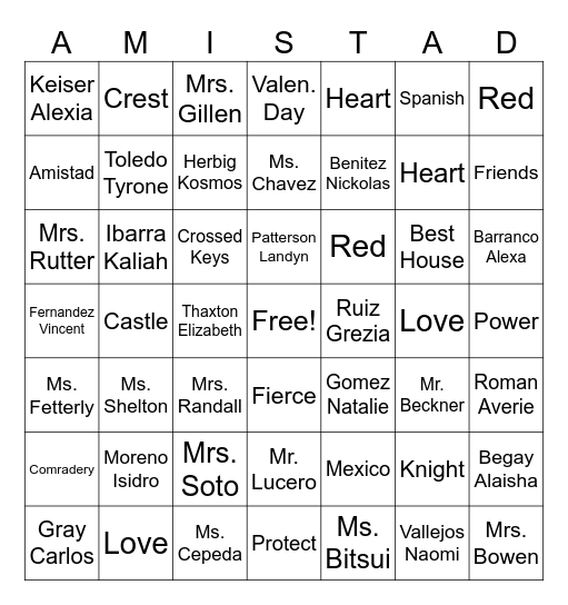 Amistad Bingo Card