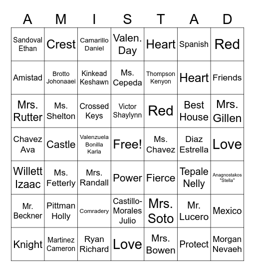 Amistad Bingo Card